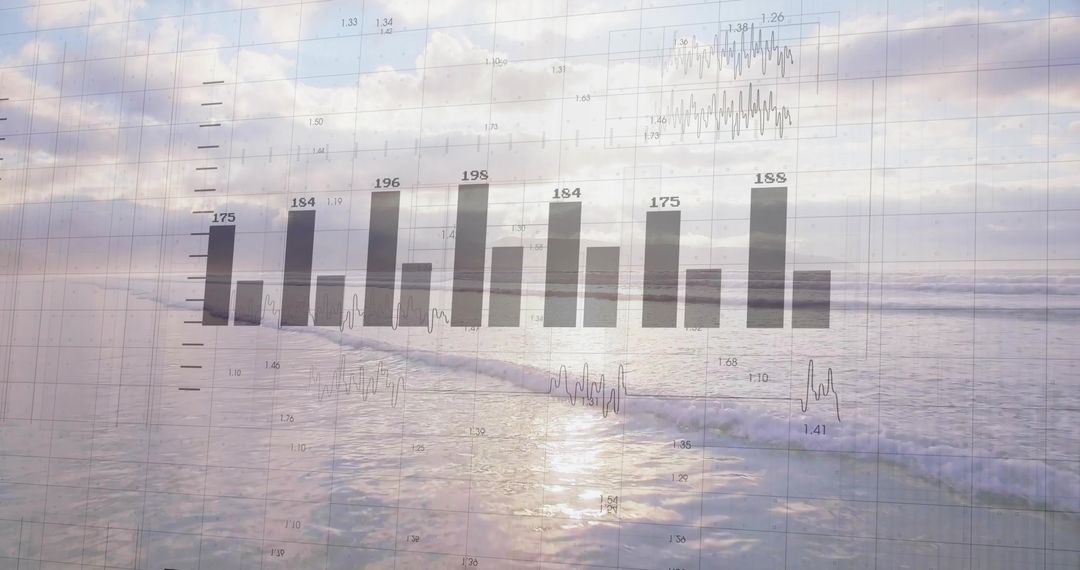 Business Data Overlaying Serene Ocean Horizon Double Exposure Bar Chart Concept