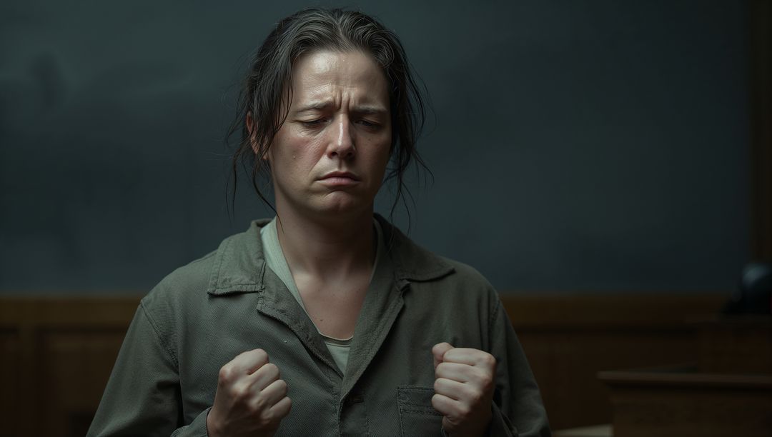 Woman clenching fists and bracing emotions in dim institutional interior