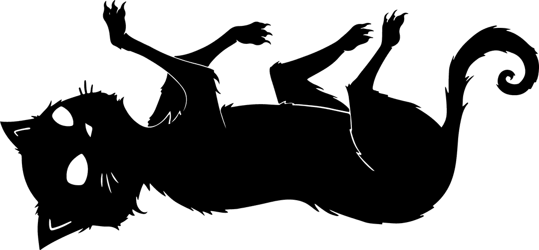 Black Cat Silhouette Relaxing on Back Transparent Background