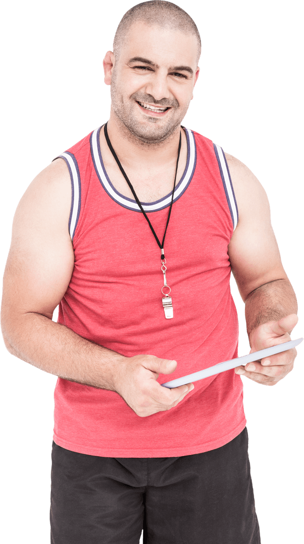Transparent Man Smiling Holding Tablet Fitness Concept