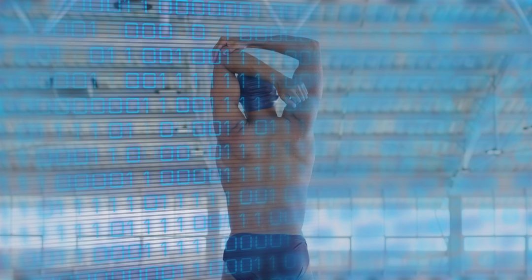 Back view male swimmer pulling swim cap with blue binary code overlay in indoor aquatic center