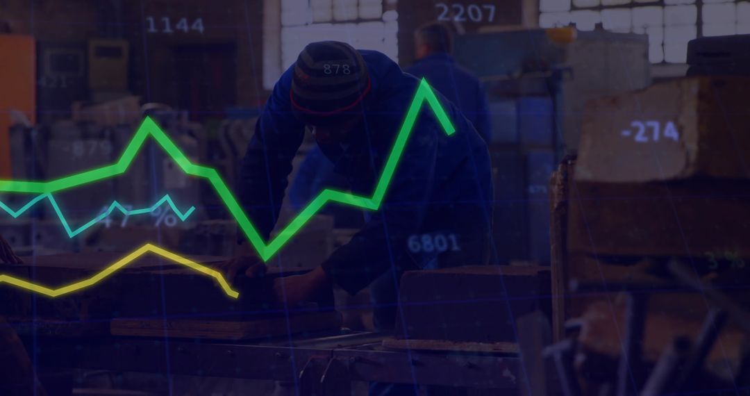 Factory Worker Analyzing Production with Financial Data Overlay