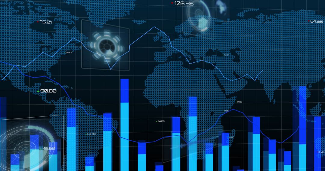 Digital Global Map with Blue Bar Graphs and Data Analytics Overlay