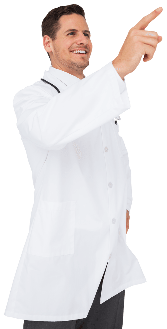 Smiling Male Doctor Pointing on Transparent Background Medical Healthcare