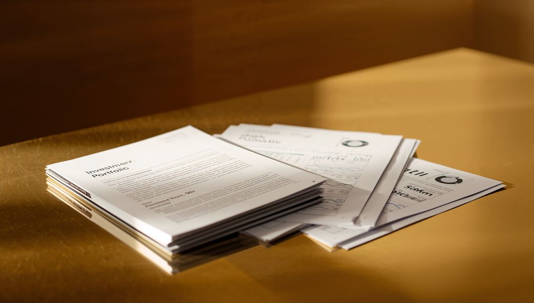 Displaying investment portfolio reports on sunlit desk with charts, pie graph and shadows