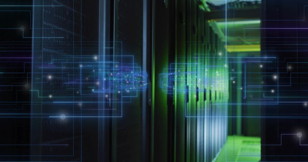 Futuristic Data Center with Circuit Overlay and Green Lighting