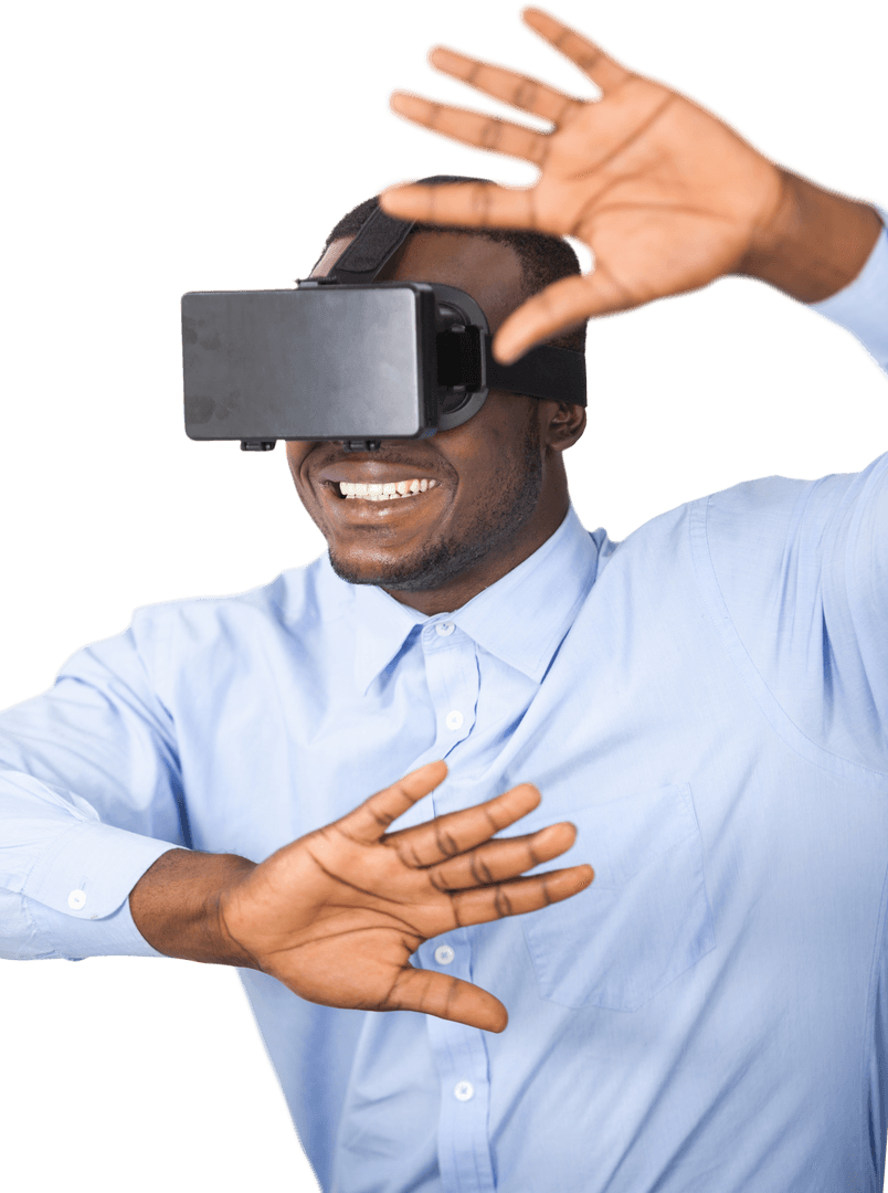 Smiling Man Using Virtual Reality Glasses with Transparent Background