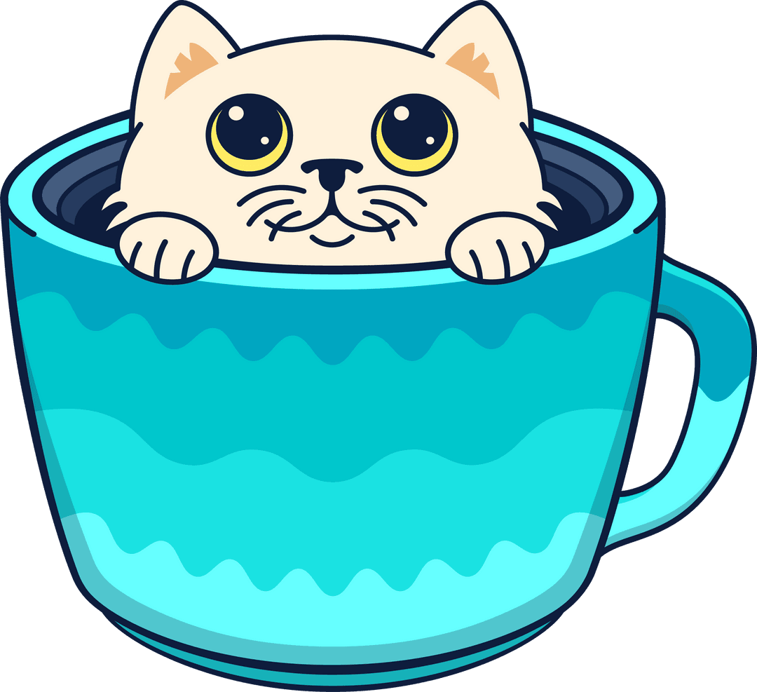 Whimsical Cream Cat in Turquoise Mug Illustration on Transparent