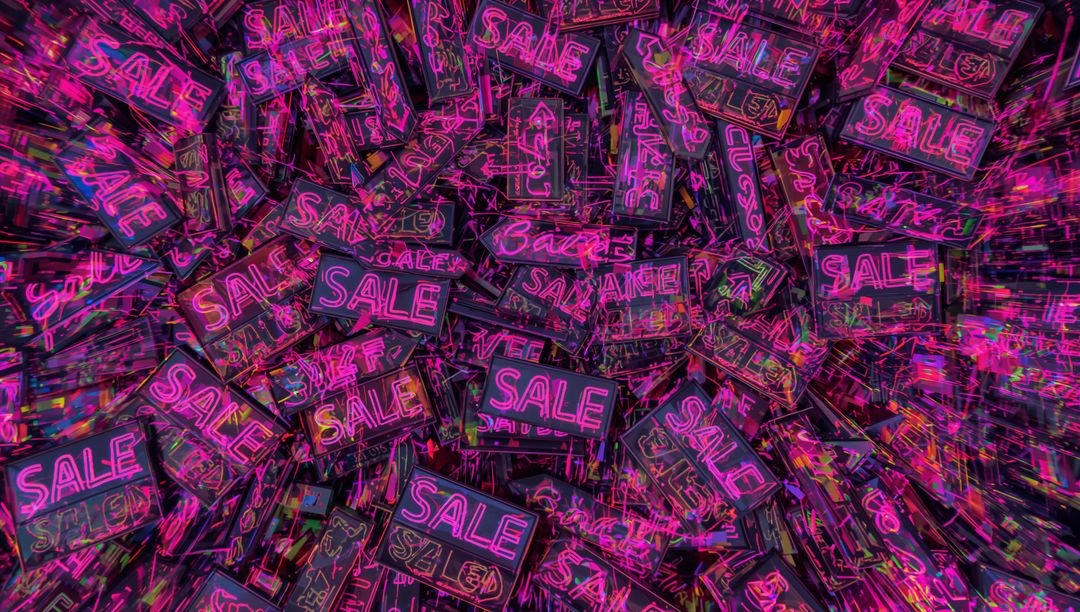 Pulsing Neon SALE Signs Piling into Vibrant Retail Montage with Motion Streaks, Shimmer