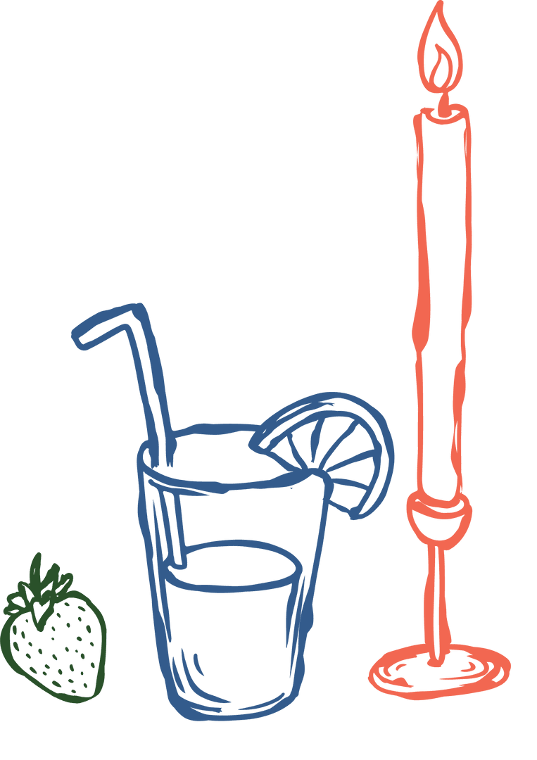 Minimalist Line Art Strawberry Drink with Candle on Transparent Background