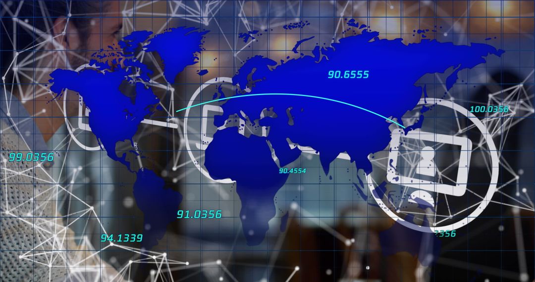 Global Network Connection Over Office Workforce with Technology Icons