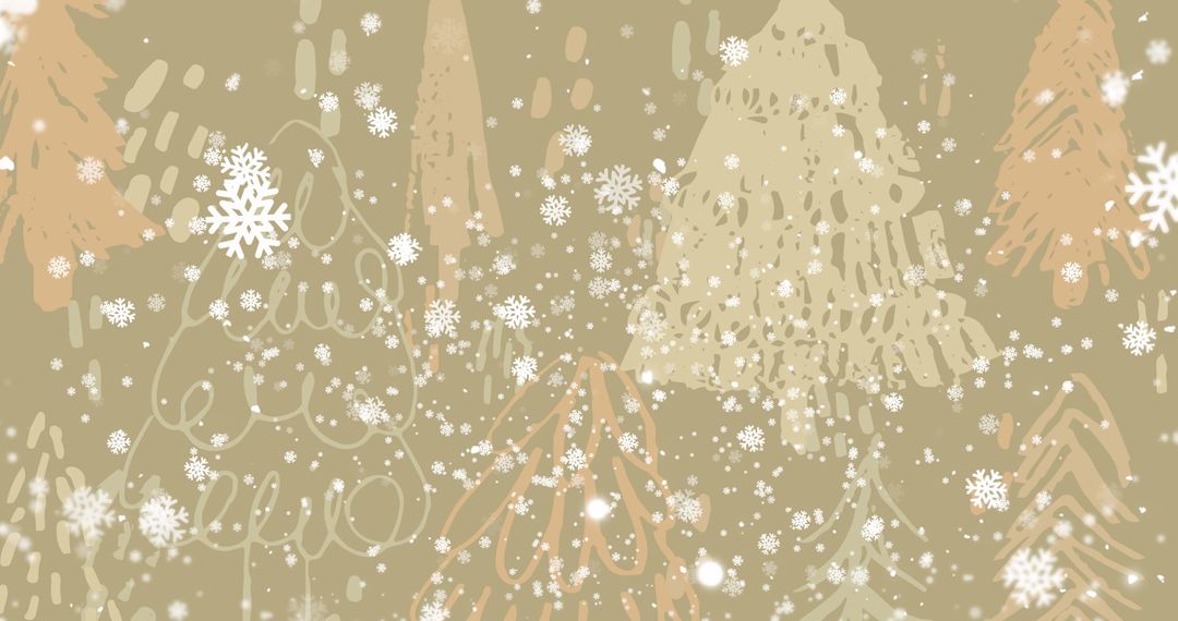 Abstract Winter Scene with Stylized Pines and Snowflakes