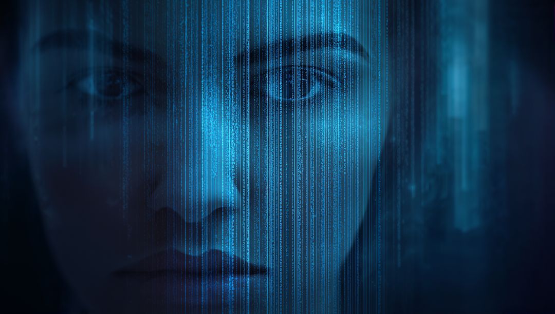 Holographic Female Face with Vertical Cyan Data Streams, Futuristic AI Cyber Matrix