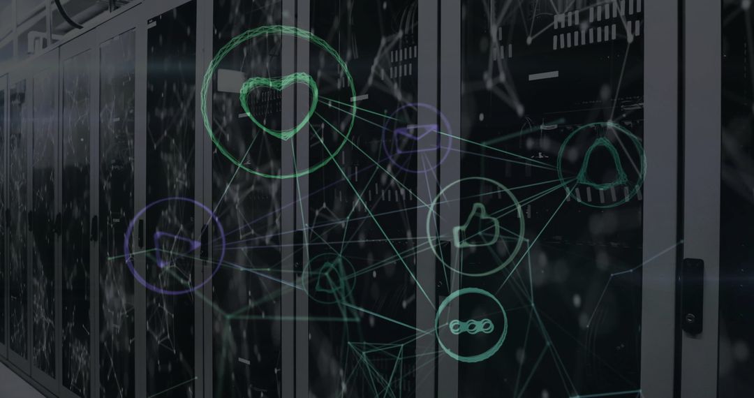 Digital Icons Overlaying Computer Servers Symbolizing Data Connectivity