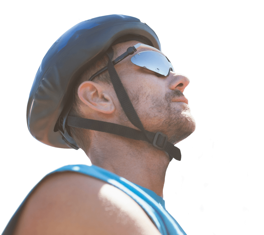 Caucasian Cyclist with Helmet and Sunglasses on Transparent Background