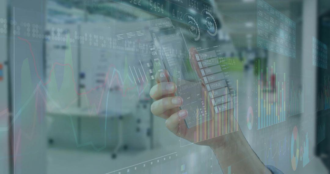 Hand Holding Smartphone Displaying Holographic Financial Charts and AR Dashboards