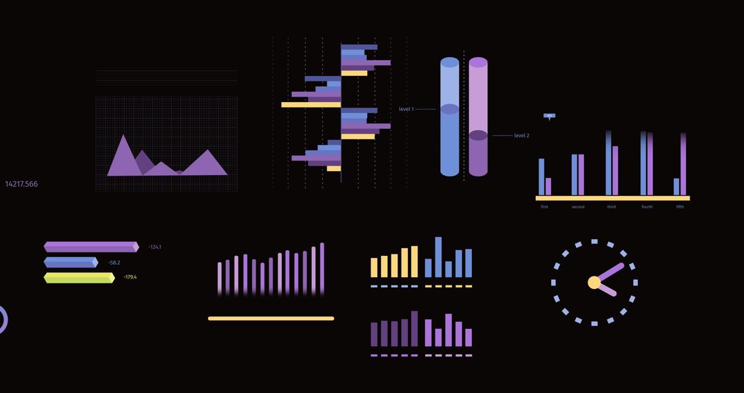 Colorful Financial Graphs and Analytics on Black Background