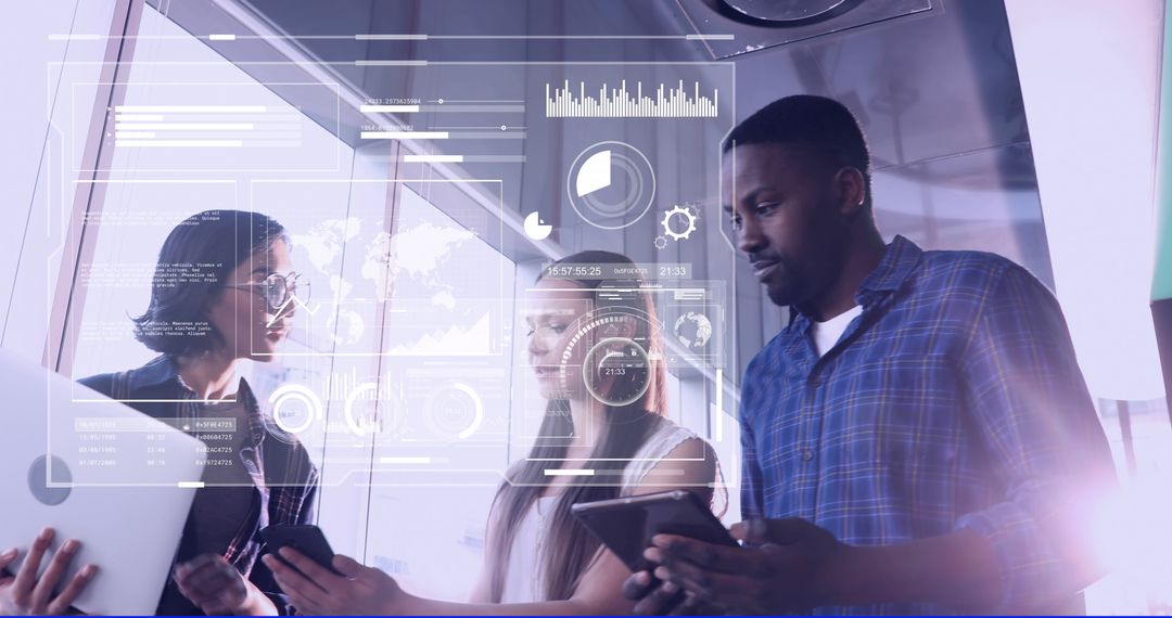 Diverse Professionals Analyzing Digital Data Interfaces for Business Solutions