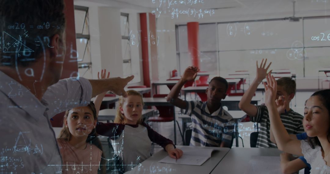 Students Enthusiastically Engaging in Math Lesson with Equations Overlay