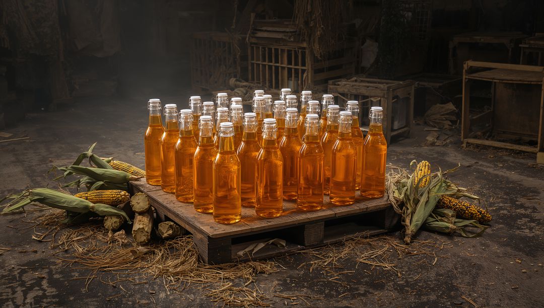 Bottles of Amber Liquid on Pallet Surrounded by Corn in Rustic Barn