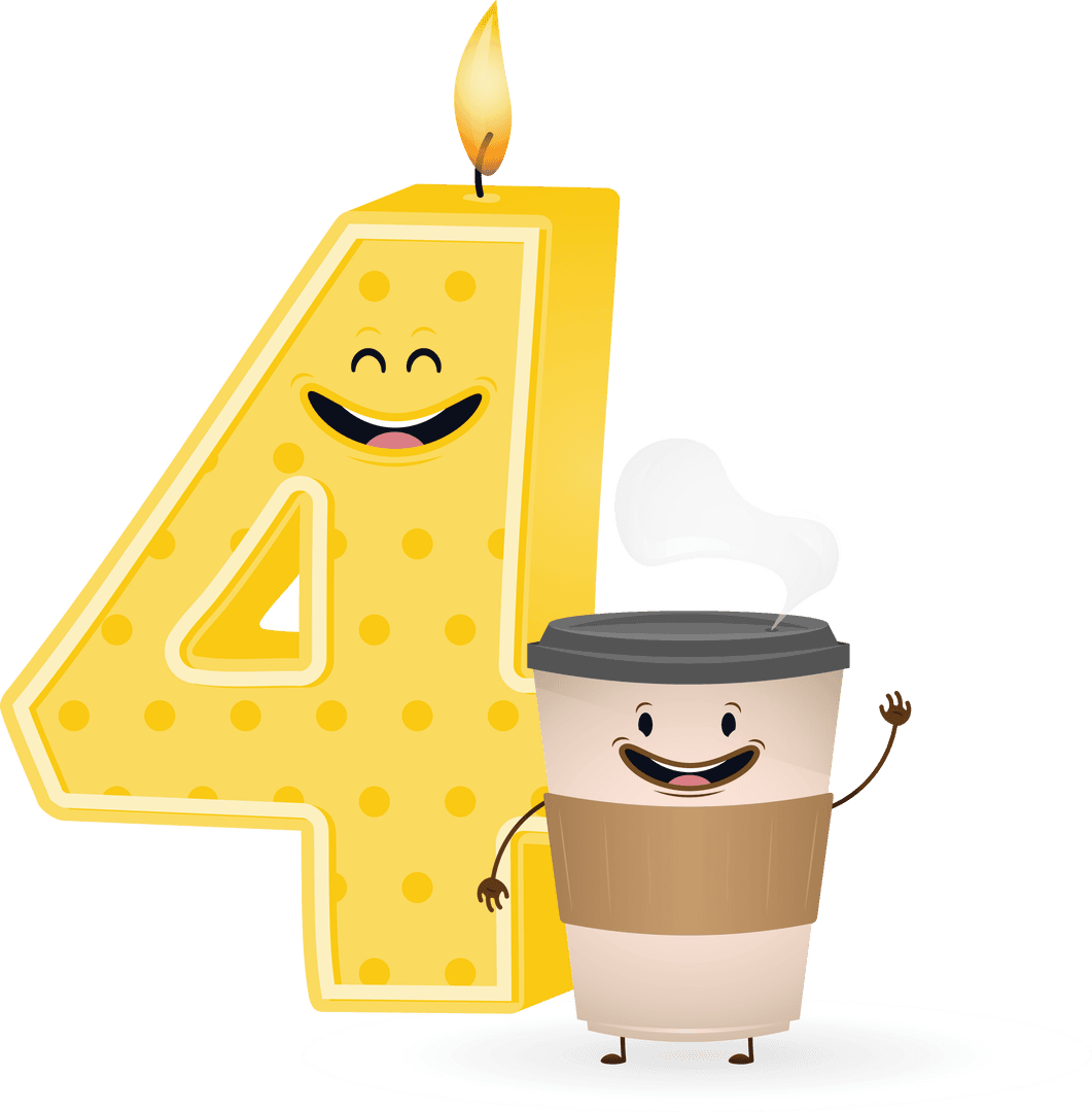 Happy Number 4 Candle with Smiling Coffee Cup on Transparent Background