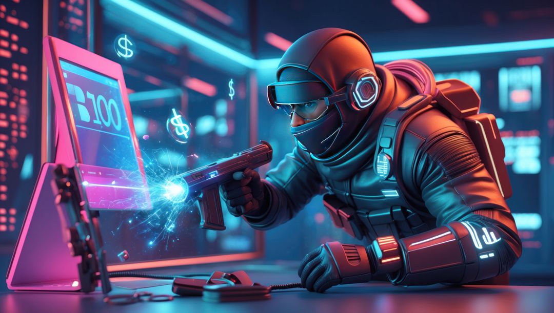 Futuristic cybersecurity battle between bank robber hacker and technology