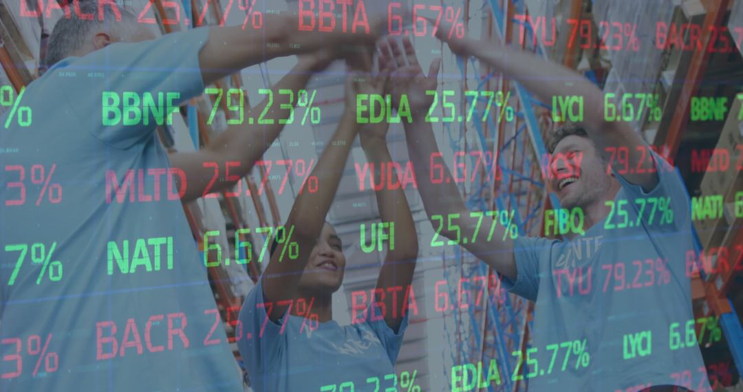 Team Unity in Warehouse with Financial Data Overlay, Indicates Concepts of Networking