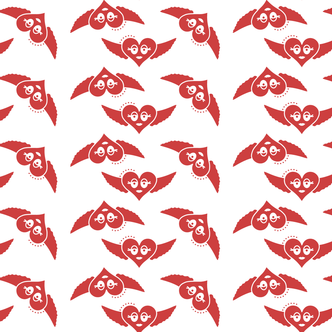 Pattern of Red Winged Hearts on Transparent Background