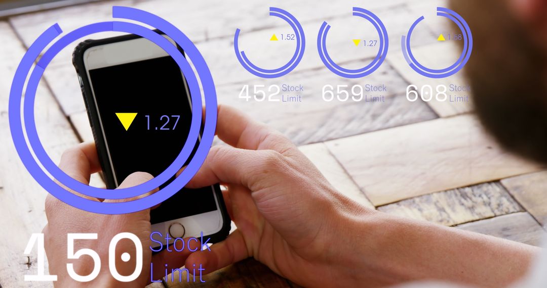 Man Engaging with Technology on Smartphone with Digital Progress Icons