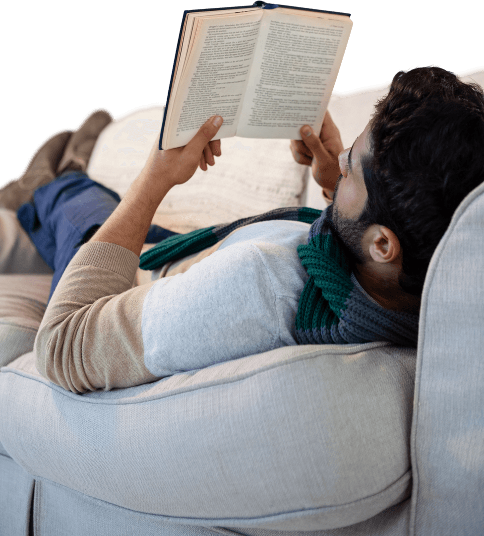 Transparent Image of Man Reading Book on Sofa in Cozy Setting