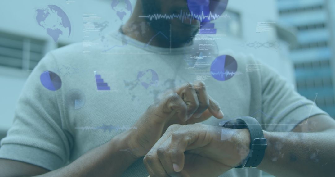Businessman Using Smartwatch Overlayed with Data Visualizations