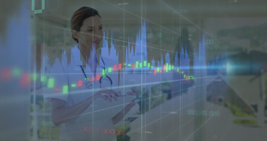 Health Professional Analyzes Tablet with Candlestick Chart Projection