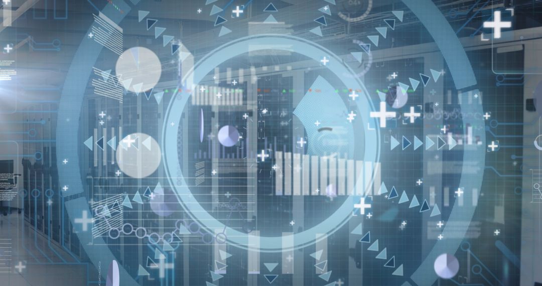 Futuristic Digital Interface Analyzing Data in Server Room