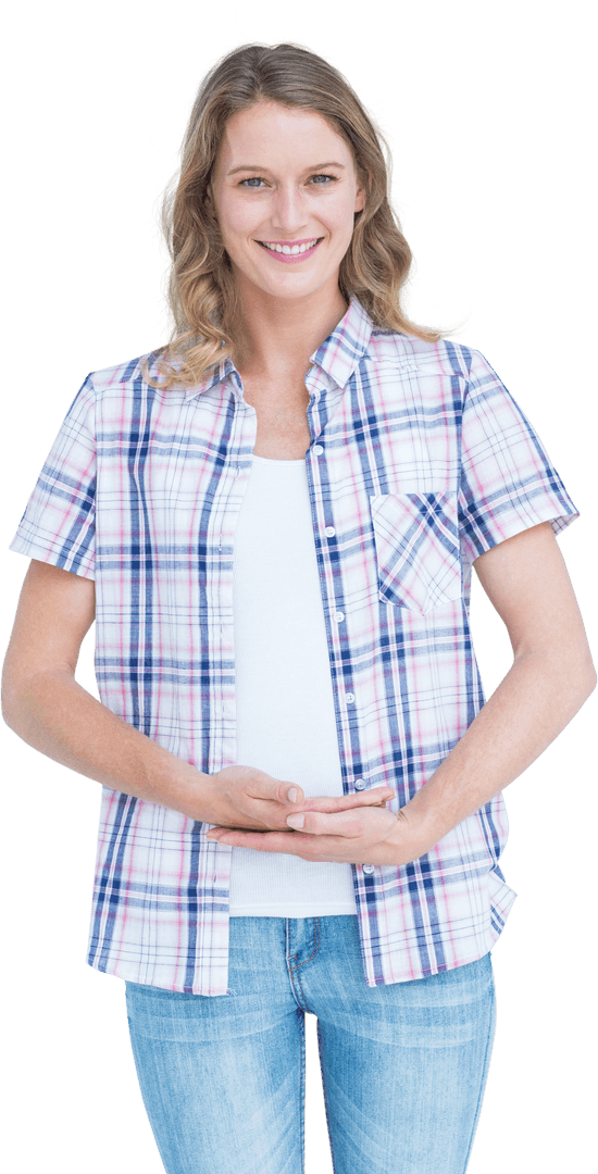 Smiling Woman in Checkered Shirt with Transparent Background