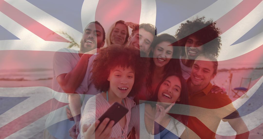 Diverse Group of Friends Taking Selfie on Beach with Superimposed British Flag - Free Images, Stock Photos and Pictures on Pikwizard.com