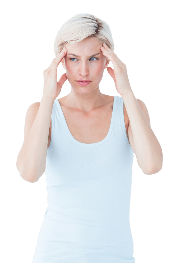 Blonde Woman Experiencing Headache Touching Temples Transparent Background