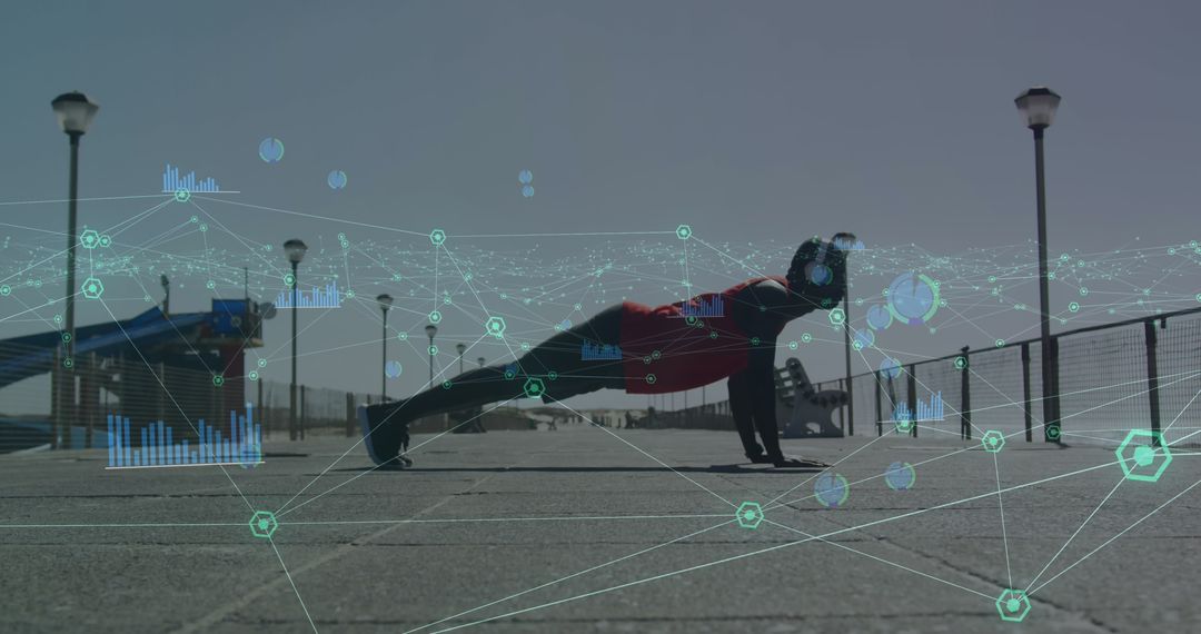 Fit Man Doing Outdoor Push-Ups with Network Graphics