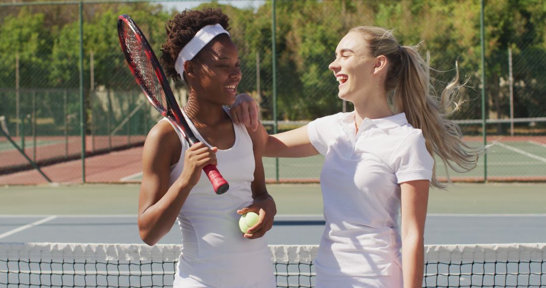 Female tennis players chatting and laughing on court - Free Images, Stock Photos and Pictures on Pikwizard.com