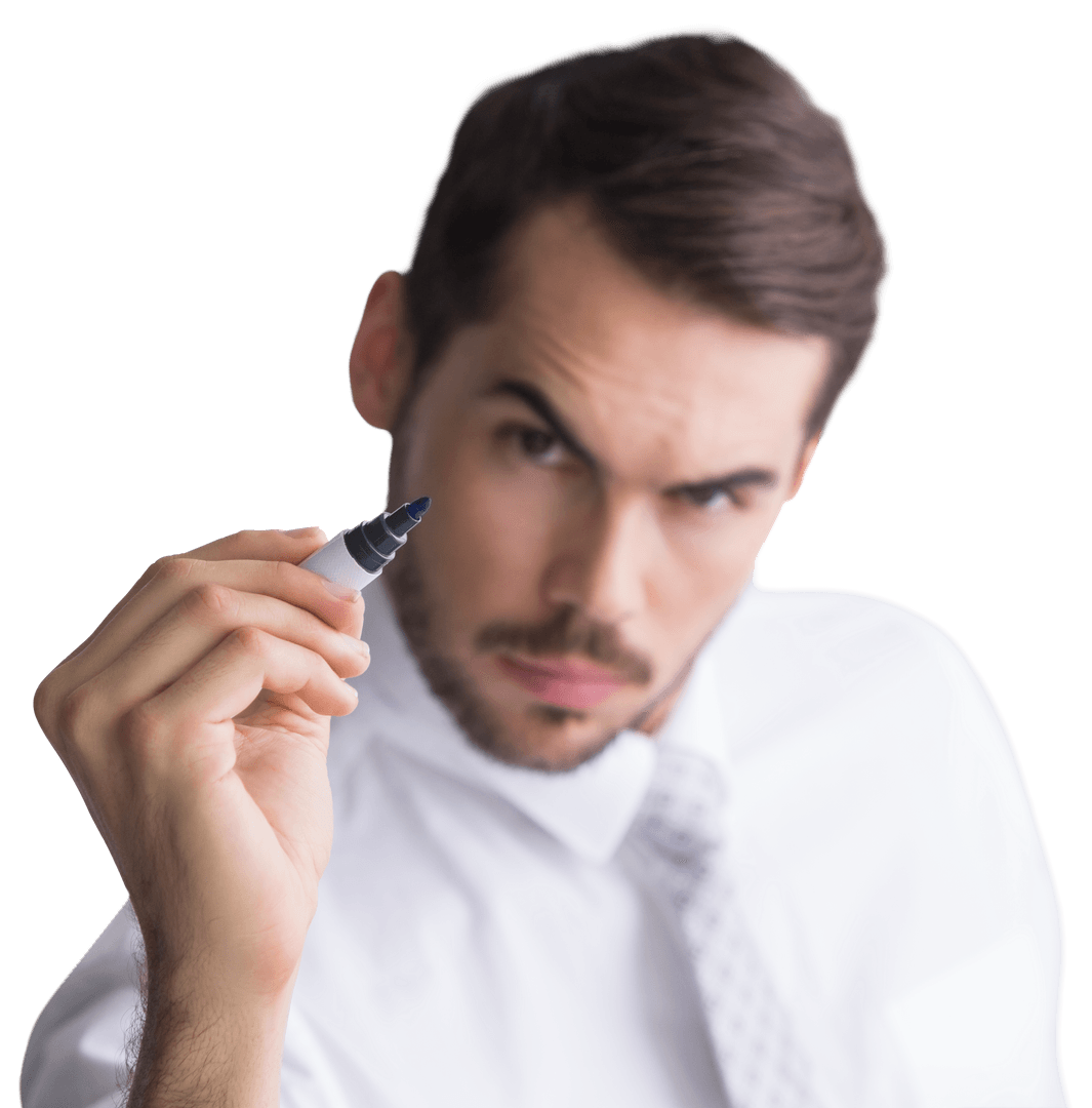 Businessman Writing with Transparent Marker Showing Determination