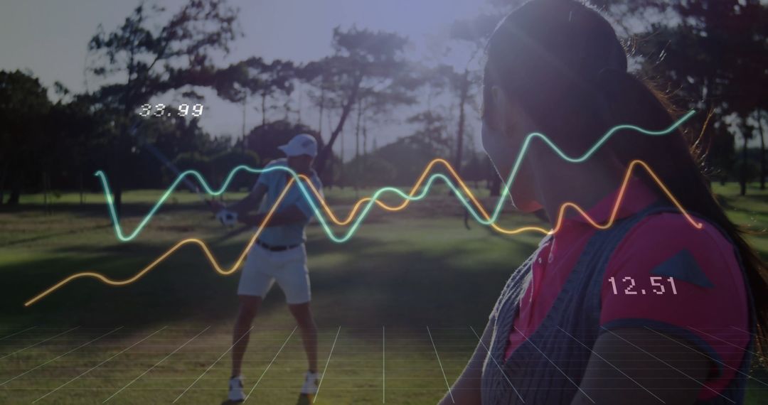 Female Golfer Observing Partner with Digital Data Overlay