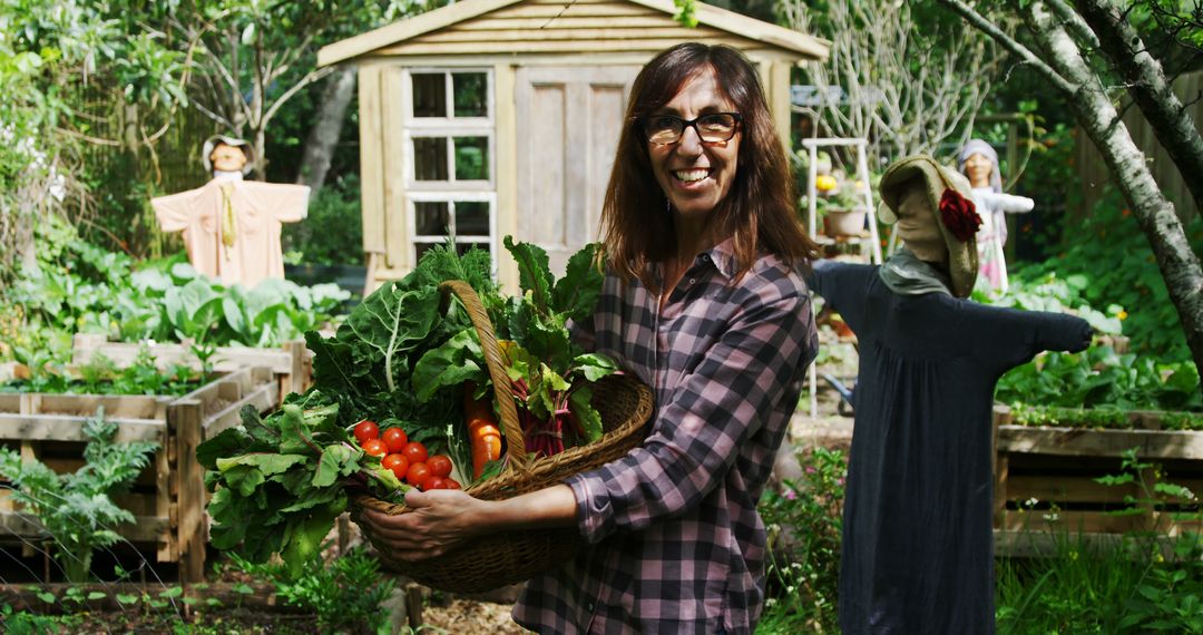 Woman Gardening with Basket of Fresh Vegetables - Free Images, Stock Photos and Pictures on Pikwizard.com