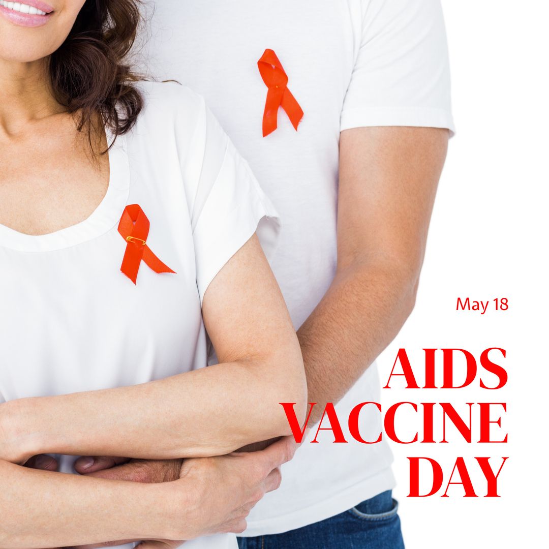 Couple Supporting AIDS Vaccine Day with Red Ribbons