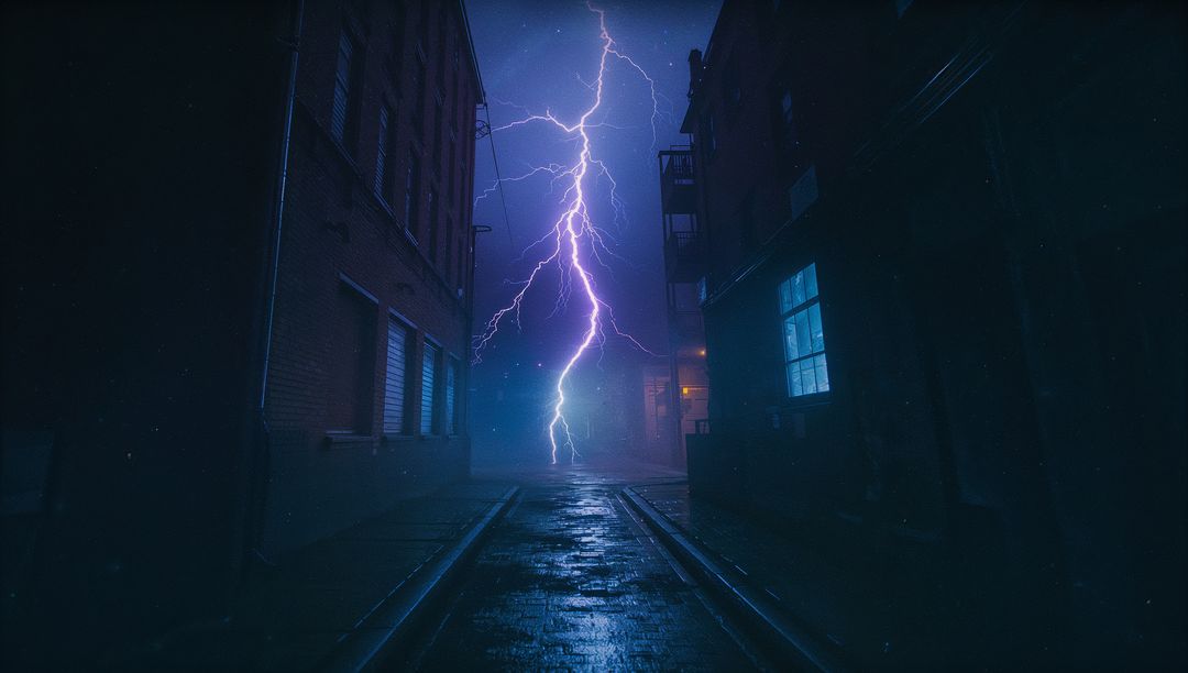 Dramatic Lightning Strike in Dim Urban Alleyway at Night