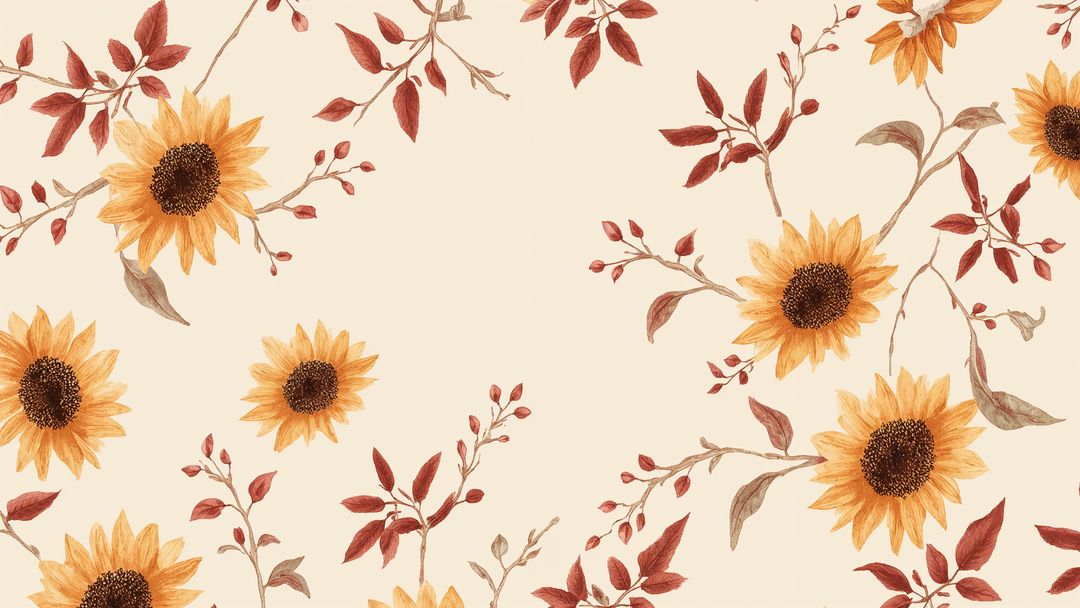 Botanical Pattern of Sunflowers with Reddish LEaves on Beige Backdrop