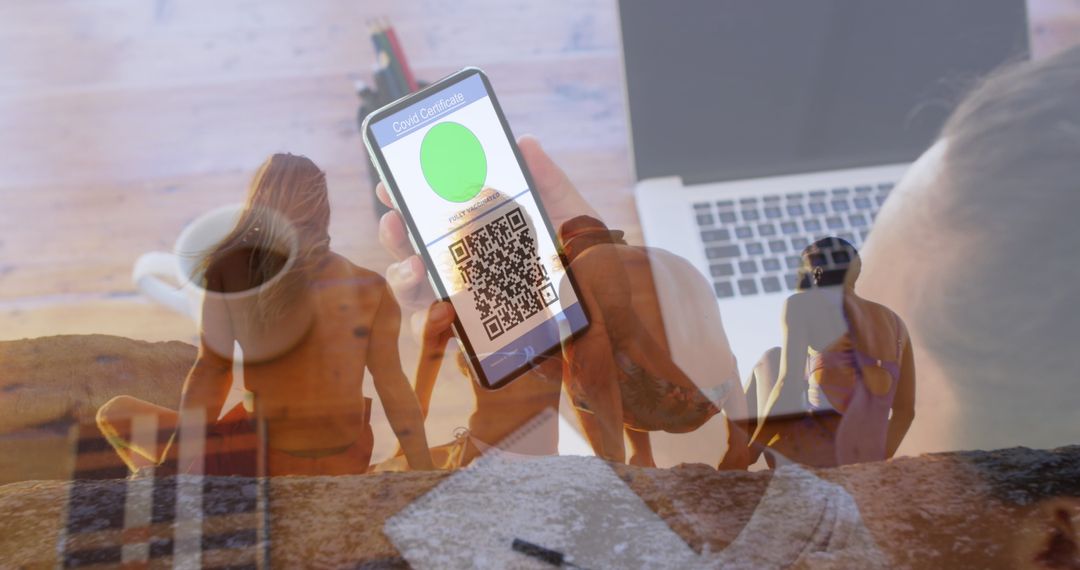 Diverse Friendship at the Beach and Digital Connectivity Concept