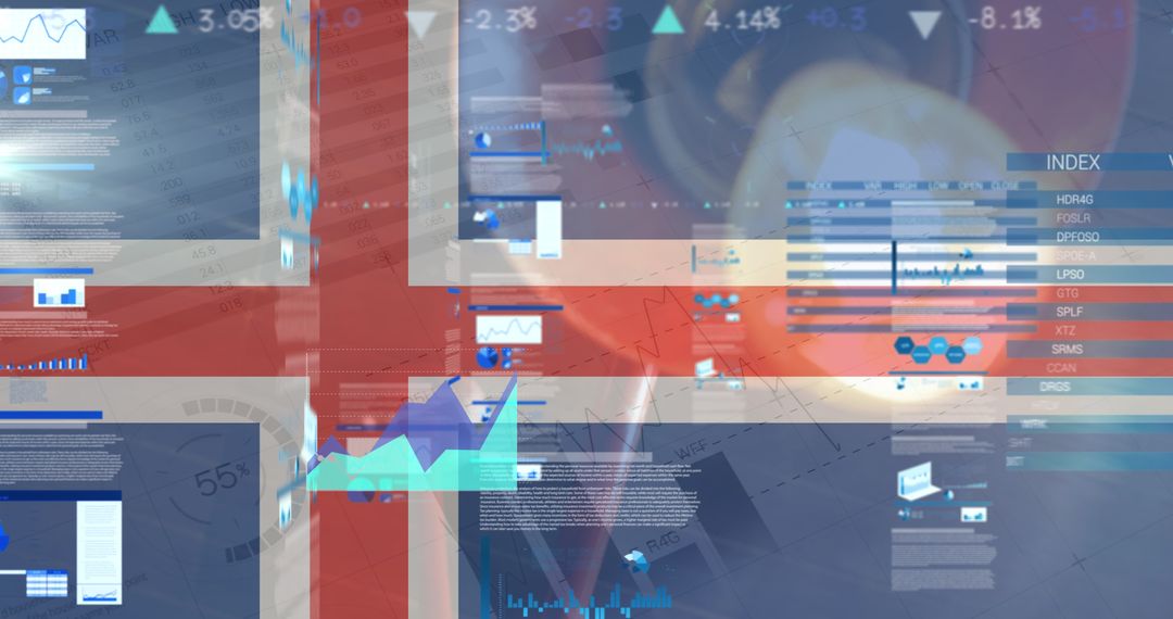 Iceland Flag with Data Analytics and Economic Indicators Overlay