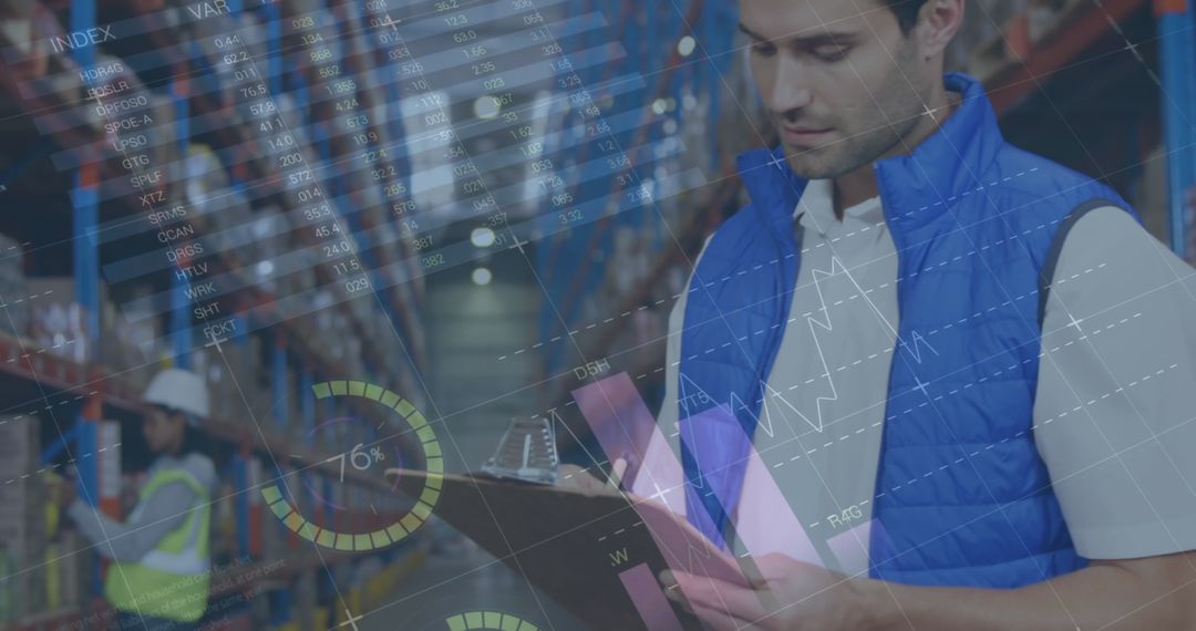 Warehouse Worker Analyzing Financial Data for Logistics Management