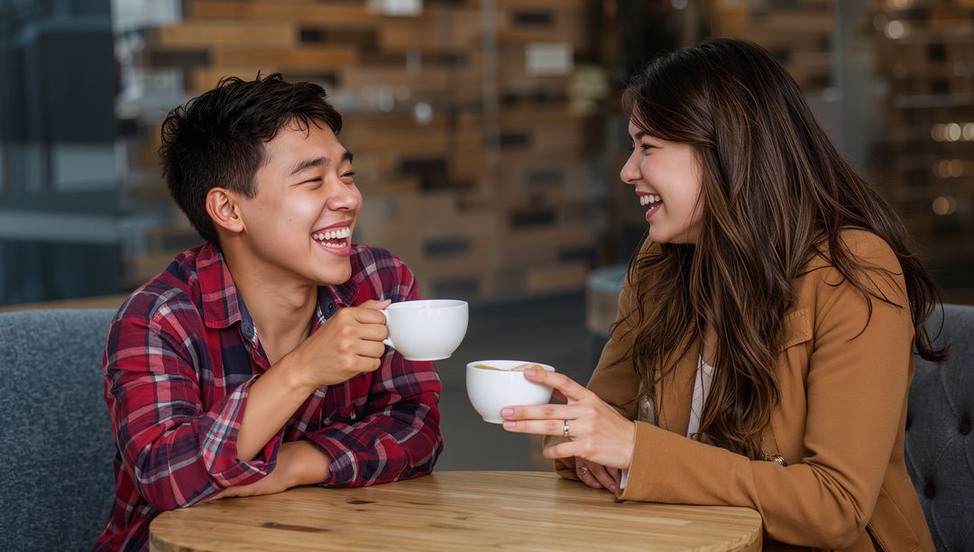 Cheerful Couple Enjoying Coffee in Relaxed Cafe