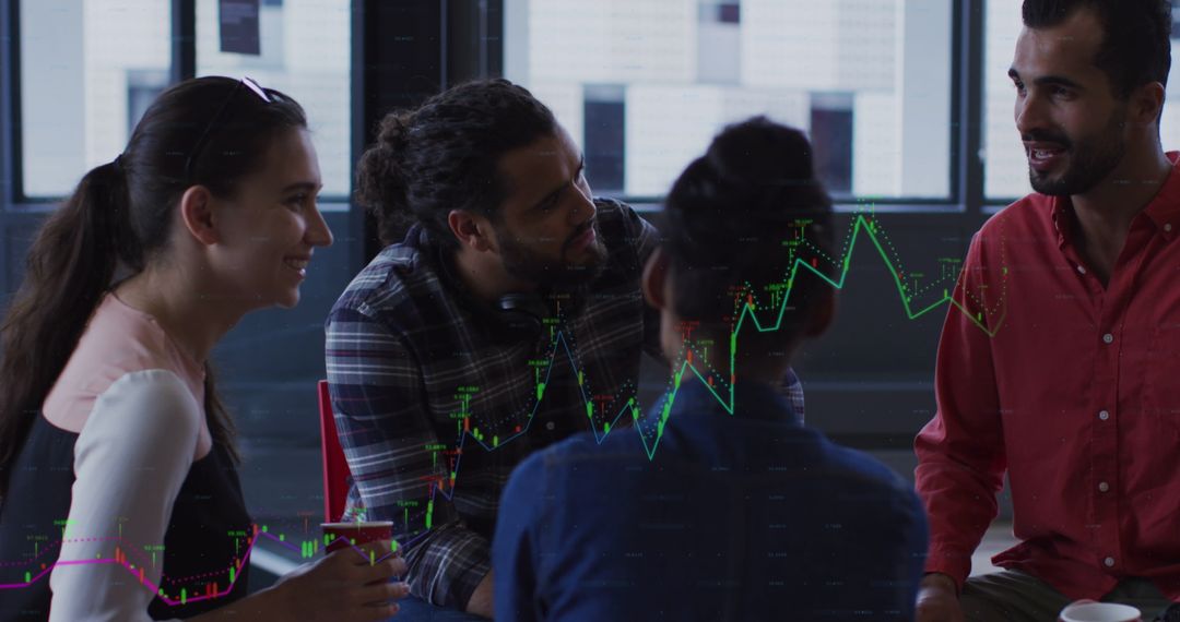 Diverse Team Discussing Financial Analysis with Digital Interface Overlay