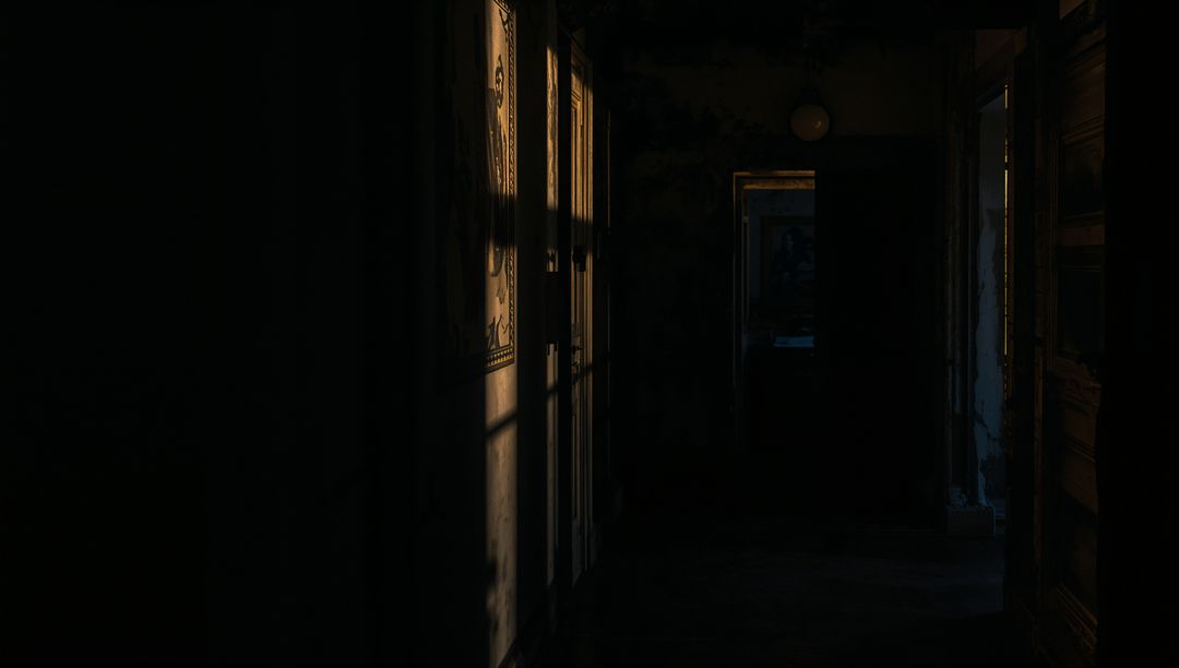 Dimly Lit Corridor in Abandoned Building with Rustic Charm